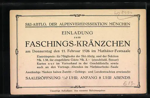 AK München, Einladung zum Faschings-Kränzchen 1926, Ski-Abteilung der Alpenvereinssektion München, Holzhütte im Schnee