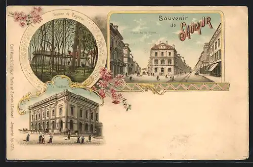 Lithographie Saumur, Place de la Poste, Dolmen de Bagneux, le Théatre