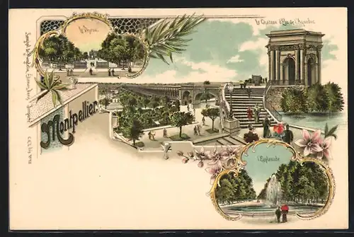 Lithographie Montpellier, L`Esplanade, Le Chateau d`Eau