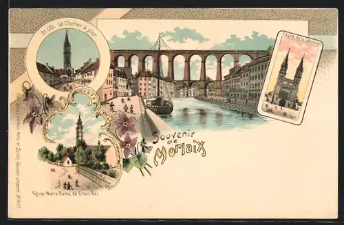 Lithographie Morlaix, Eglise Notre-Dame de Croaz-Baz, Facade de la Cathedrale