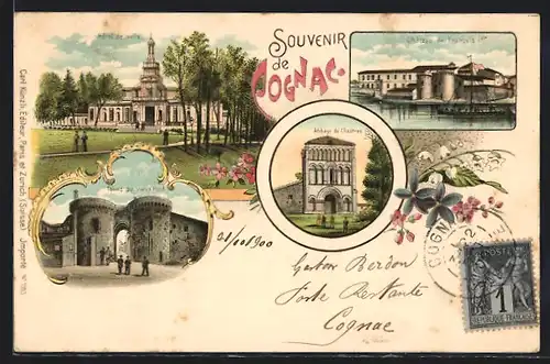 Lithographie Cognac, Hotel de ville, Tours du vieux Pont, Abbaye de Chastres
