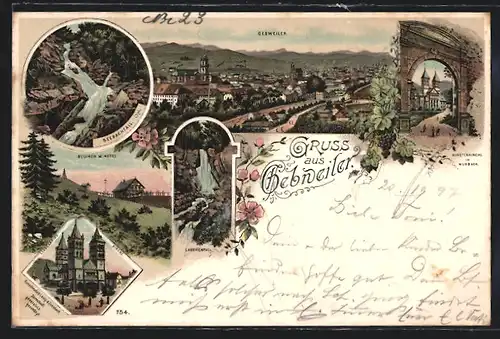 Lithographie Gebweiler, Seebachfall, Lauchenfall, Klosterkirche