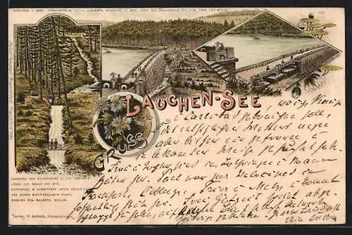 Lithographie Lauchen-See, Seepartie mit Wasserfall