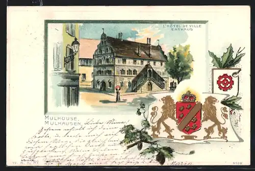 Passepartout-Lithographie Mülhausen, Rathaus mit Wappen