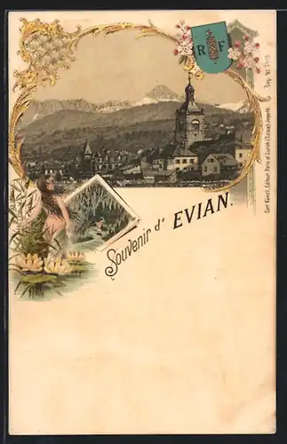 Lithographie Evian, Teilansicht der Stadt mit Bergen, Wappen