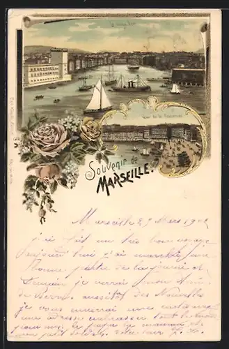 Lithographie Marseille, le vieux Port, Quai de la Fraternité