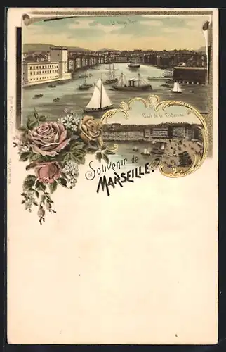Lithographie Marseille, Quai de la Fraternité, le vieux Port