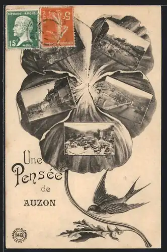 Blumengruss-AK Auzon, Flusspartie mit Brücke, Ortsansicht