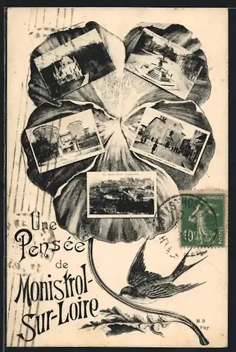 Blumengruss-AK Monistrol-sur-Loire, La Place de l`Eglise, La Fontaine