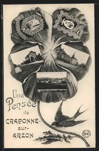 Blumengruss-AK Craponne-sur-Arzon, Bahnhof, Kirche, Strassenpartie in einem Stiefmütterchen