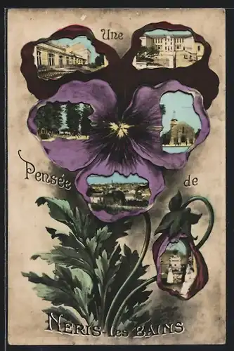 Blumengruss-AK Néris-les-Bains, Strassenpartie, Kirche, Gesamtansicht