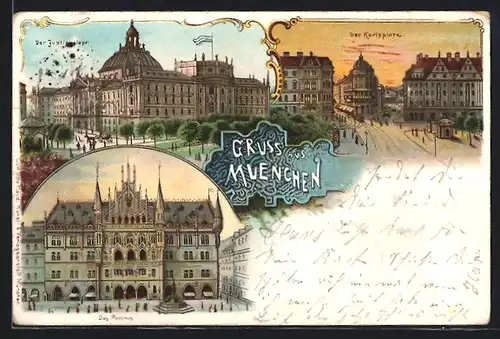 Lithographie München, Der Karlsplatz, Der Justizpalast, Das Rathaus