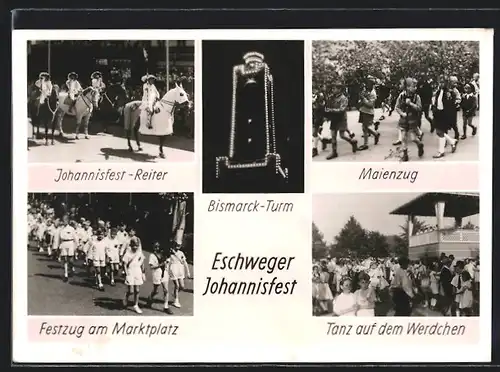 AK Eschwege, Johannisfest-Reiter, Bismarck-Turm, Maienzug, Tanz auf dem Werdchen, Volksfest