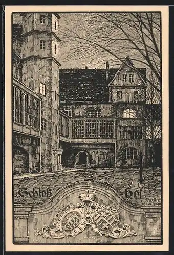 Künstler-AK Köthen, Schlosshof, Ludwigsgymnasium 1674-1924