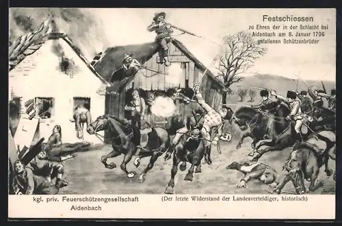 Künstler-AK Aidenbach, Festschiessen zu Ehren der in der Schlacht bei Aidenbach gefallenen Schützenbrüder