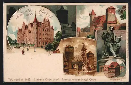 Lithographie Nürnberg, Grand Hotel, Bes. Rudolf Lotz, Henkersteg, Hans-Sachs-Monument, Dürer-Haus