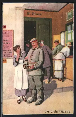 Künstler-AK Arthur Thiele unsign.: Das Drahthindernis