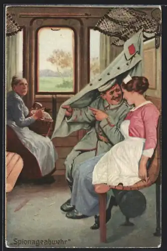 Künstler-AK Arthur Thiele unsign.: Spionageabwehr im Zug