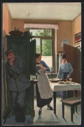 Künstler-AK Arthur Thiele unsign.: Der Deckungsgraben, Versteckspiel in der Küche