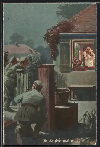 Künstler-AK Arthur Thiele unsign.: Die Schleichpatrouille vor dem Haus einer jungen Dame