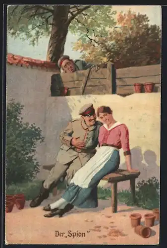 Künstler-AK Arthur Thiele unsign.: Der Spion guckt beim Flirt zu