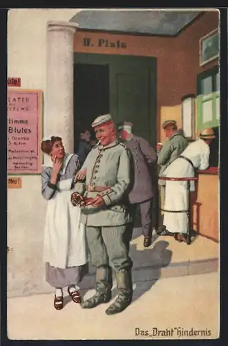 Künstler-AK Arthur Thiele unsign.: Das Drahthindernis