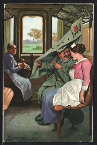 Künstler-AK Arthur Thiele unsign.: Spionageabwehr im Zugabteil