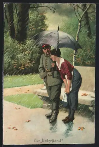 Künstler-AK Arthur Thiele unsign.: Der Unterstand im Regen