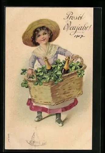 AK Mädchen mit Korb voller Kleeblättern
