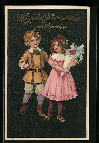 AK Glückwünsche zum Geburtstag, Kinder mit Blumen