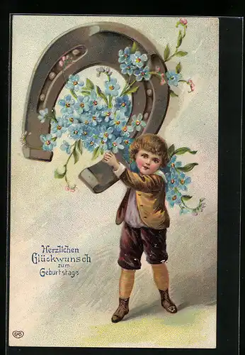 AK Knabe trägt ein grosses, blumengeschmücktes Hufeisen auf der Schulter