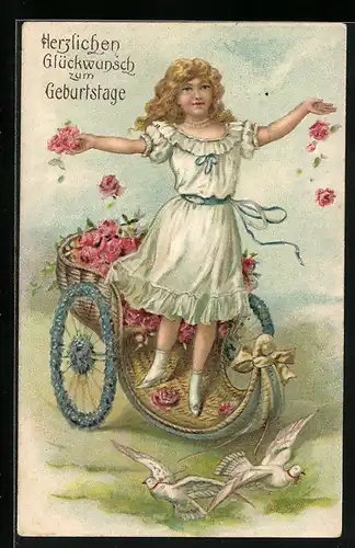 AK Mädchen im blumengeschmückten Wagen mit Glückwünschen zum Geburtstag