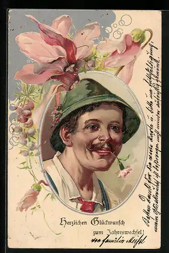 AK Herr in Tracht mit Blume zwischen den Zähnen zu Neujahr