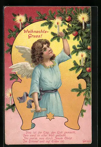 AK Weihnachtsengel zündet die Kerzen am Tannenbaum an