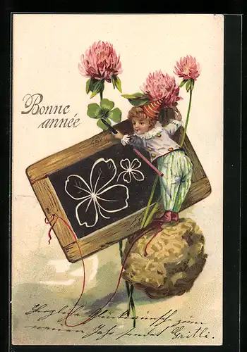 AK Kleiner Junge an der Schultafel mit Kleeblatt zu Neujahr