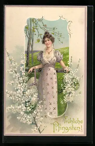 AK Junge Dame im Kleid zu Pfingsten