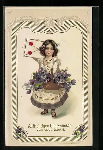 AK Mädchen mit Blumengruss zum Geburtstag