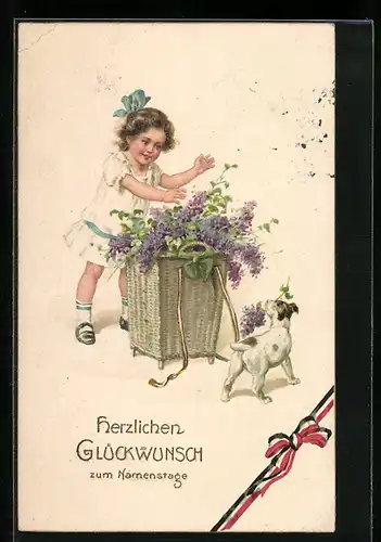 AK Mädchen mit Blumenkorb zum Namenstag