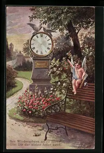 AK Kleiner Amor auf der Bank