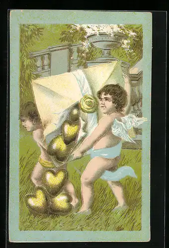 AK Amor mit Liebesbrief in den Händen