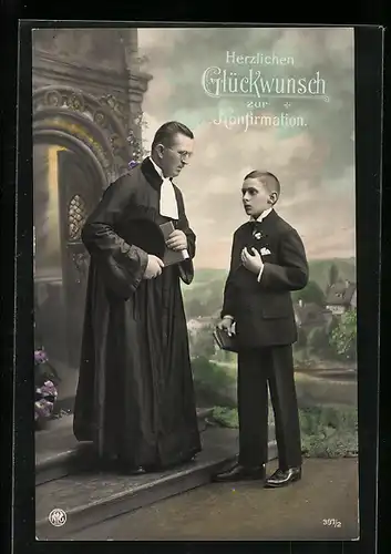 AK Pfarrer und Junge zur Konfirmation