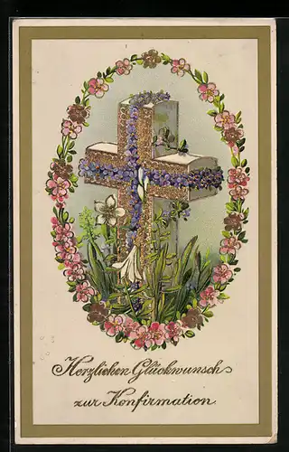 AK Blumen geschmücktes Kreuz zur Konfirmation