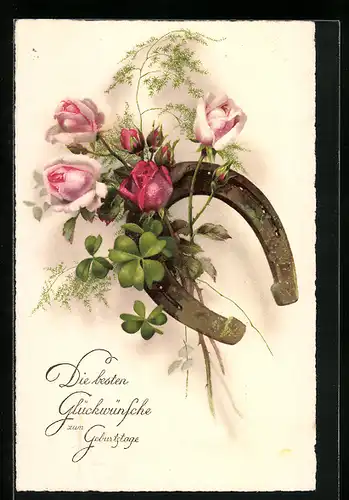 AK Rosen und Kleeblatt mit Hufeisen