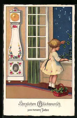 AK Mädchen streut Kleeblätter aus dem Fenster zu Neujahr