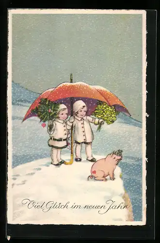 AK Kinder mit Kleeblatt-Strauss und Glücksschwein