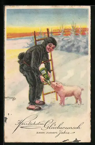 AK Schornsteinfeger hält dem Schwein eine Sektflasche hin