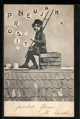 AK Schornsteinfeger auf dem Dach, Prosit Neujahr