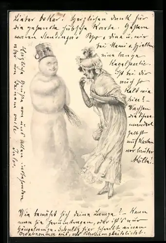 AK Dame begrüsst Schneemann