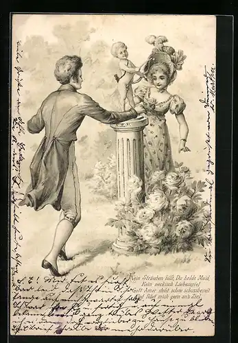 AK Liebespaar mit Amor-Statue