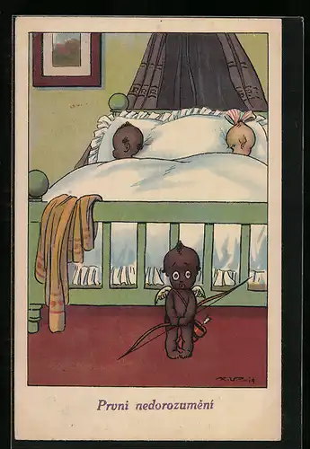 AK Dunkelhäutiger Amor vor einem Bett mit schlafenden Kindern